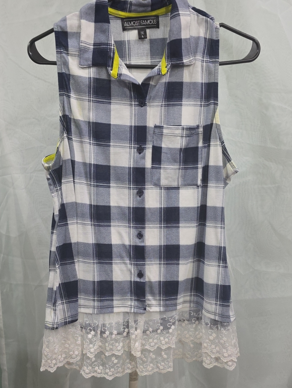 #224 Almost Famous Navy & White Plaid Sleeveless Button-Up with Lace Hem